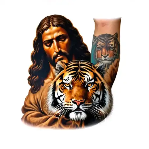 tattoo on the forearm of jesus with a tiger underneath tattoo design idea