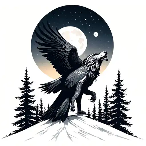 landscape moon Forest eagle wolf howling at the moon tattoo design idea
