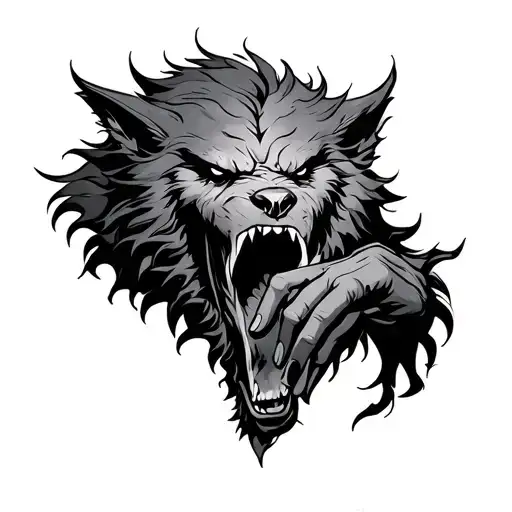 fenrir with tyrs hand in its mouth open tattoo design idea