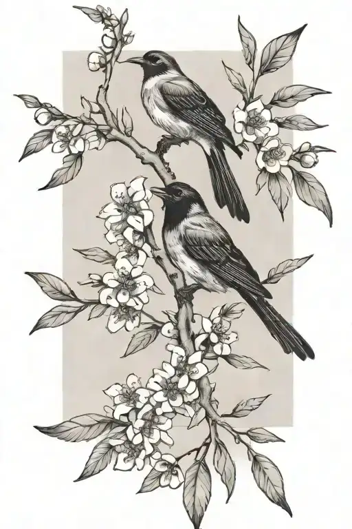 sideways skinny spooky scary cherry branch with minimal blossoms and four very small solid blackbirds   tattoo design idea