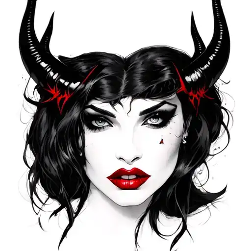 brunette devil woman red lips tattoo design idea