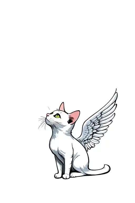 fluffy skinny white cat sitting and looking up to the side with angel wings that aren't open I'm  tattoo design idea