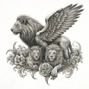 lion and phenix with a cub tattoo design idea
