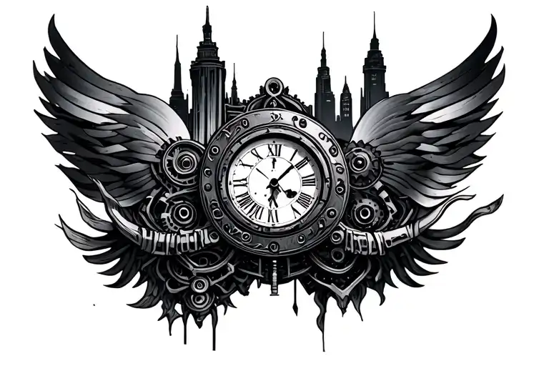 Black & Grey Tattoo Design: Clockwork Metropolis / Mechanical Fantasy. A complex, intricate sleeve featuring a sprawling tattoo design idea