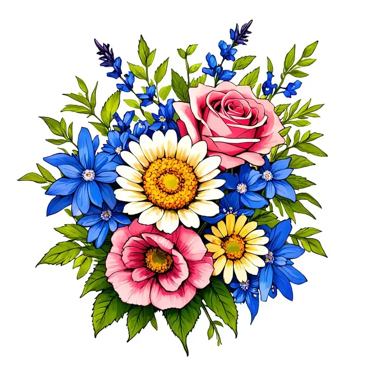 flower bouquet with a larkspur, rose, and daisy flowers tattoo design idea