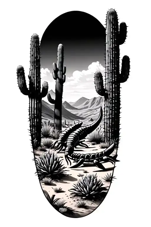 desert landscape with cacti and scorpian tattoo design idea