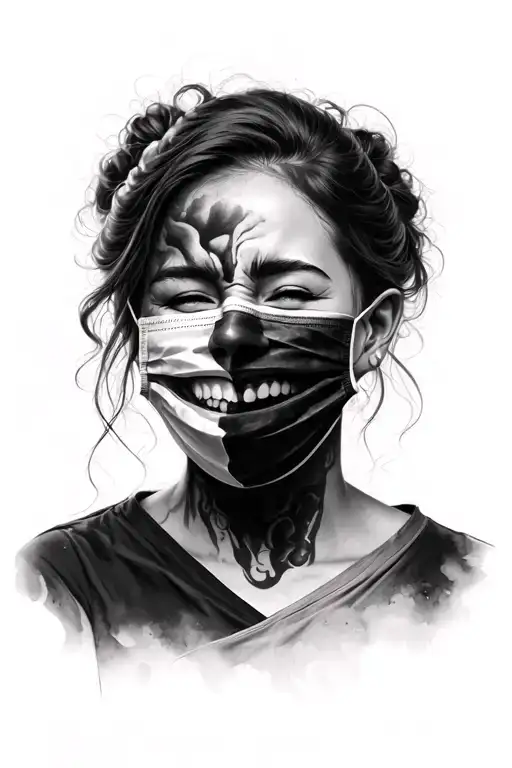 double face masks, one smiles, the other cries. black and white tattoo design idea