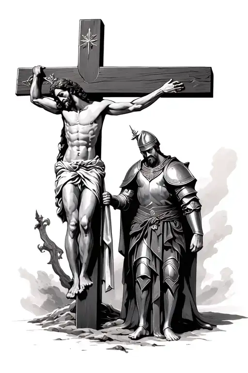 Jesus on cross, with king baldwin IV under him next to a badass knight tattoo design idea