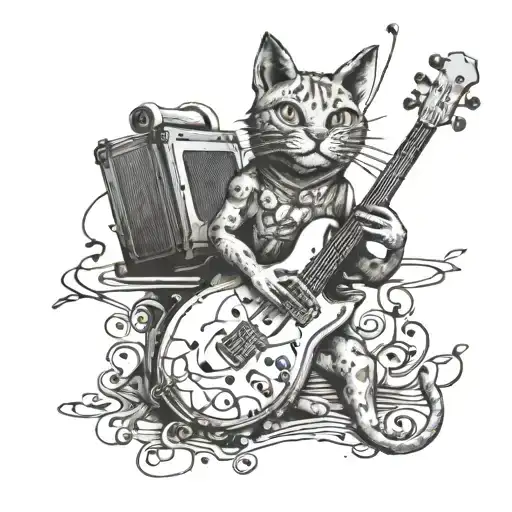 A tattoo design featuring a surreal scene of a cat and a frog jamming together on a stage surrounded by music instruments in a dotwork style tattoo design idea