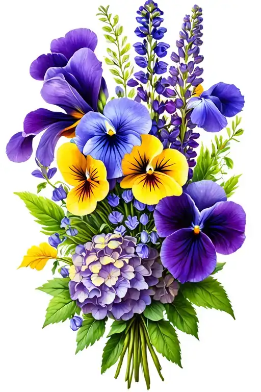 a bouquet wrapped loosely around my forearm that has 5 pansies, purple irises, lupines, and hydrangeas.  tattoo design idea