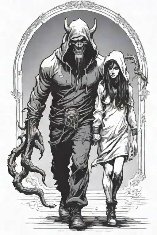 a girl and a huge hooded beast or demon walking side by side holding hands tattoo design idea