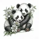 two cute baby panda bears hug each other flowers intertwined tattoo design idea
