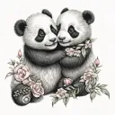 two cute baby panda bears hug each other flowers intertwined tattoo design idea
