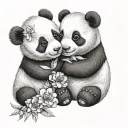 two cute baby panda bears hug each other flowers intertwined tattoo design idea