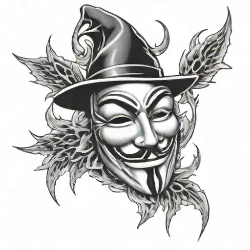 v for vendetta mask with fire coming out from underneath and behind bars tattoo design idea