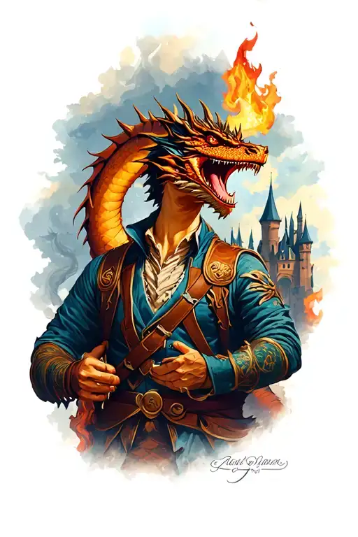 Adventurer with a speech in the background a fiery dragon in a world a chateau, style a little bit to character sex tattoo design idea