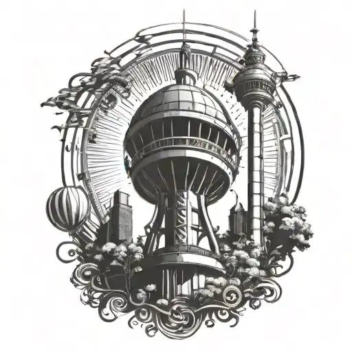 Combine the iconic Fernsehturm tower Stuttgart with elements of Stuttgart's skyline and wasen tattoo design idea