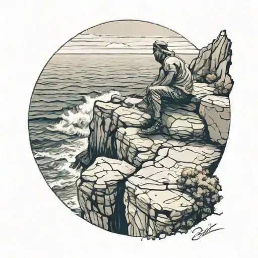 a man sitting on the edge of a cliff overlooking the ocean tattoo design idea