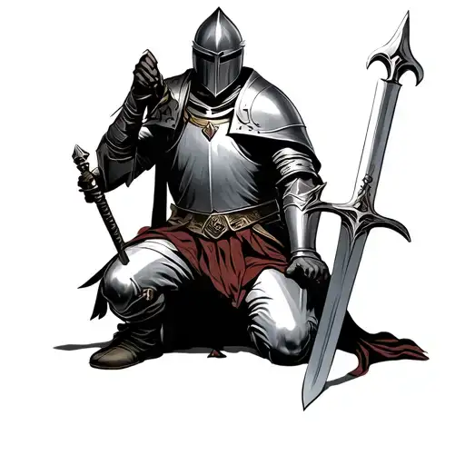 realistic Templar knight kneeling holding sword tattoo design idea