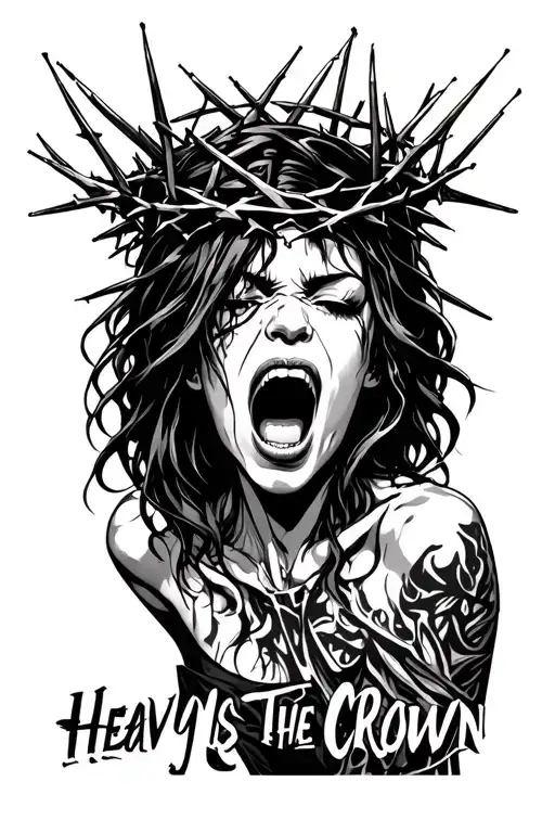 sexy girl screaming in pain with a crown of thorns sticking in to her head, with the text "Heavy Is The Crown" tattoo design idea