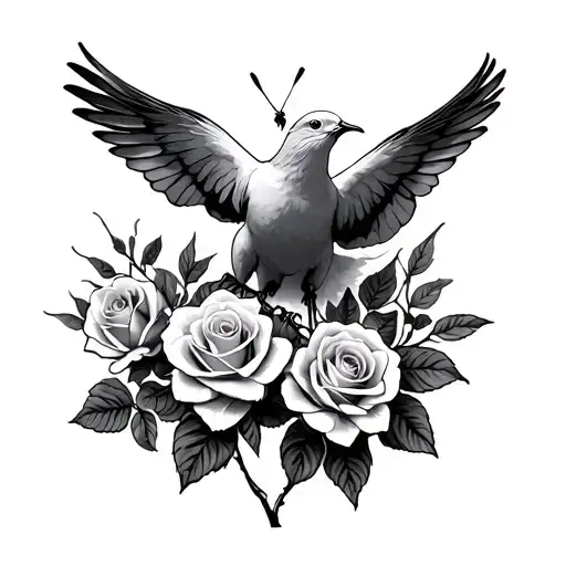 dove carrying roses intertwined with butterfly emerging tattoo design idea