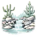 waterfall with rocks and cacti tattoo design idea