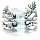 waterfall with rocks and cacti tattoo design idea