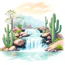 waterfall with rocks and cacti tattoo design idea