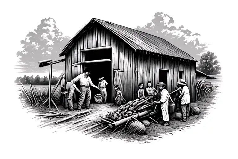 Create a tattoo featuring a hardworking farmer surrounded by his family on the farm tattoo design idea
