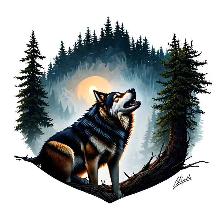 trees and wolves howling tattoo design idea