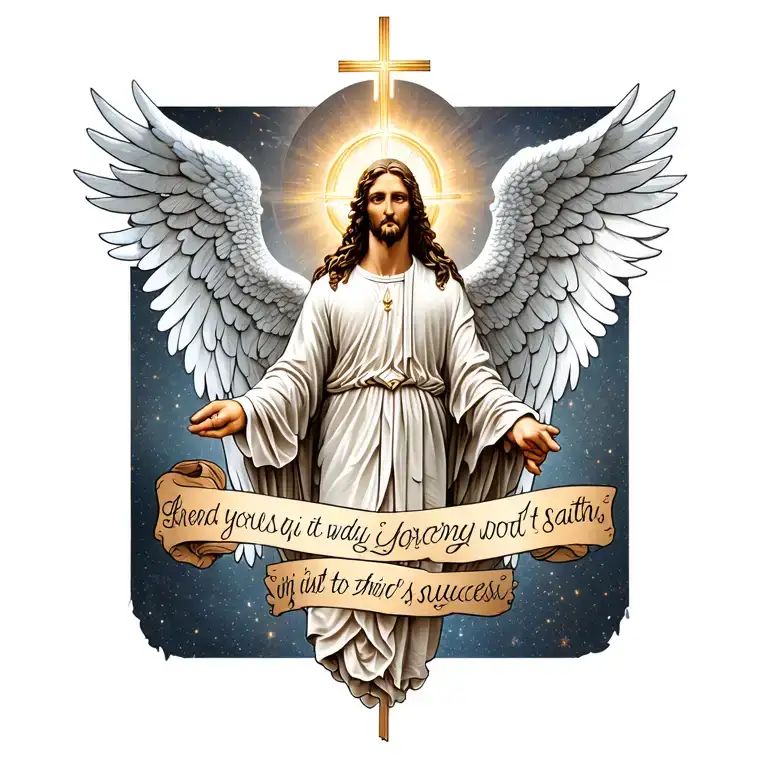 Tattoo on the topic of Christianity (angel), make it suitable for a wrist and dry somewhere a phrase with faith to success, tattoo design idea