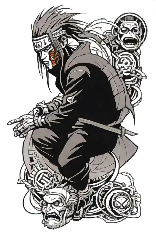 Create a full sleeve tattoo design for a man that features the characters Itachi, Kakashi, Pain, and Obito tattoo design idea