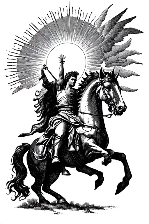 Greek mythology themed Saint George riding a pegasus and slaying a dragon in front of the sun tattoo design idea