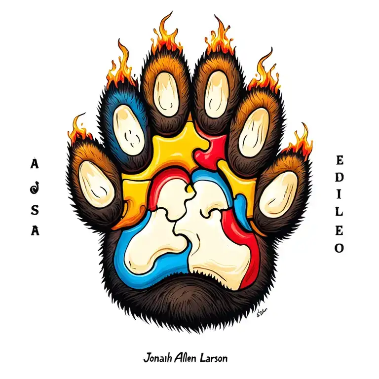 "Jonah Allen Larson" autism puzzle piece inside bear cub paw tattoo design idea