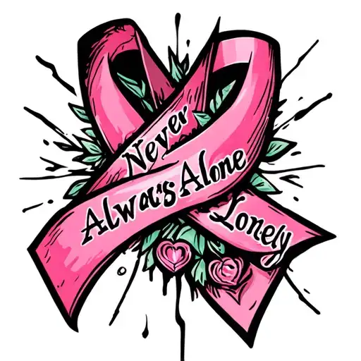 never alone always lonely distressed breast cancer ribbon tattoo design idea