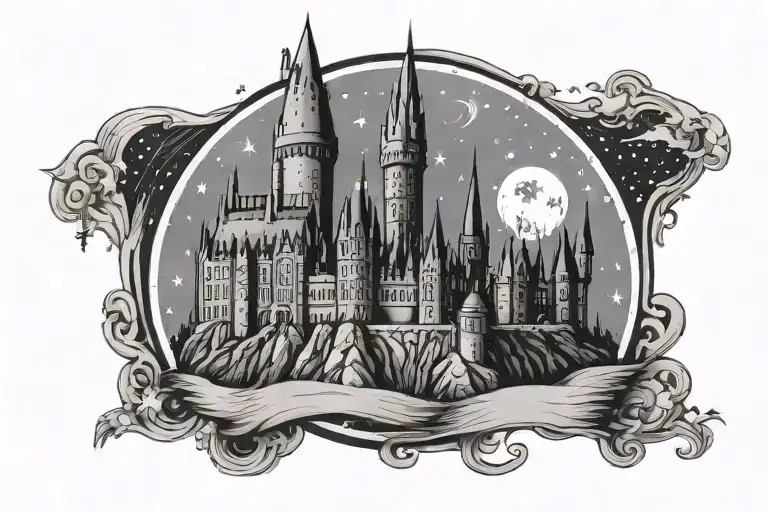 Hogwarts castle, Stars and moon surrounded tattoo design idea