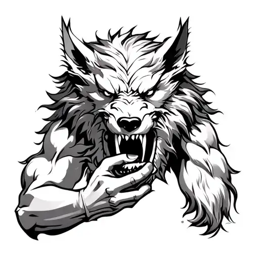 fenrir with tyrs hand in its mouth surrounded tattoo design idea