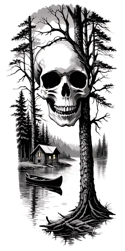 Forest scene where tree limbs create a skull. the let half of the forest shows a cabin on a lake with a canoe tattoo design idea