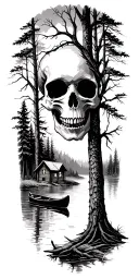 Forest scene where tree limbs create a skull. the let half of the forest shows a cabin on a lake with a canoe tattoo design idea