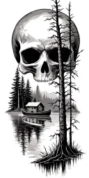 Forest scene where tree limbs create a skull. the let half of the forest shows a cabin on a lake with a canoe tattoo design idea
