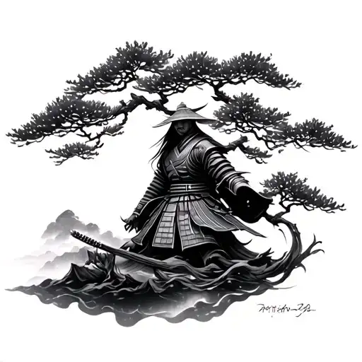 Samurai Sakura trees tattoo design idea