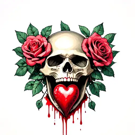 Skull with roses in the back, bleeding heart in open mouth, looking to the left. Banners above and bellow. tattoo design idea