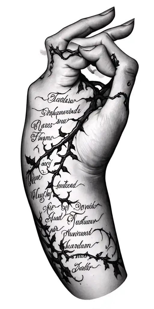 Create a full sleeve tattoo A vine rapping around the arm with 14 names attached to it with the names in cursive  tattoo design idea