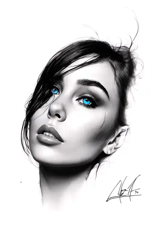 female portrait with blue eyes, dark high contrast, from a half side angle chin up  tattoo design idea