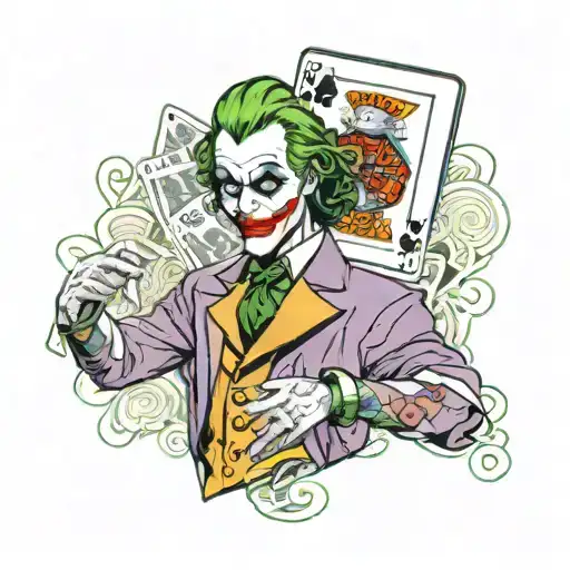 joker holding a set of "4of a kind" card hand in one hand with some dashes and pokers  tattoo design idea