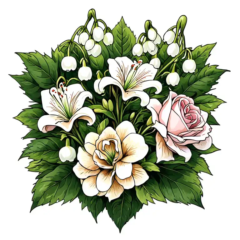lilly of the valley with williams flower and roses tattoo design idea