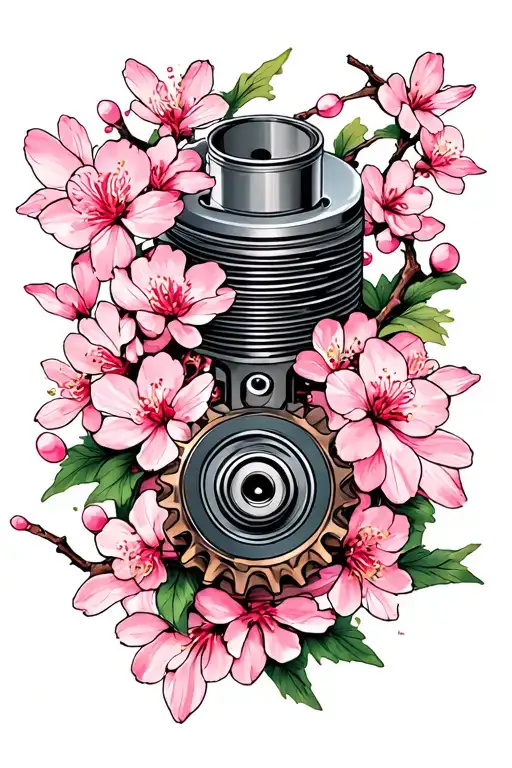 turbo, gears, pistons, cherry blossom branch tattoo design idea
