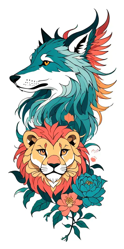wolf, lion, phoenix, peony tattoo design idea