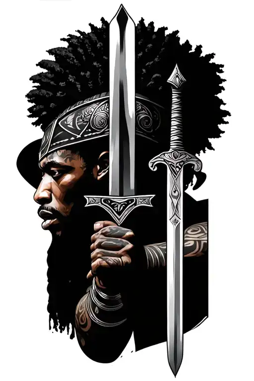 African male warrior wielding a sword with head profile holding tattoo design idea