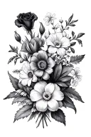 flower bouquet with Violets, Irises, Primroses, Black Baccara Roses, Dahlia Pinnatas tattoo design idea